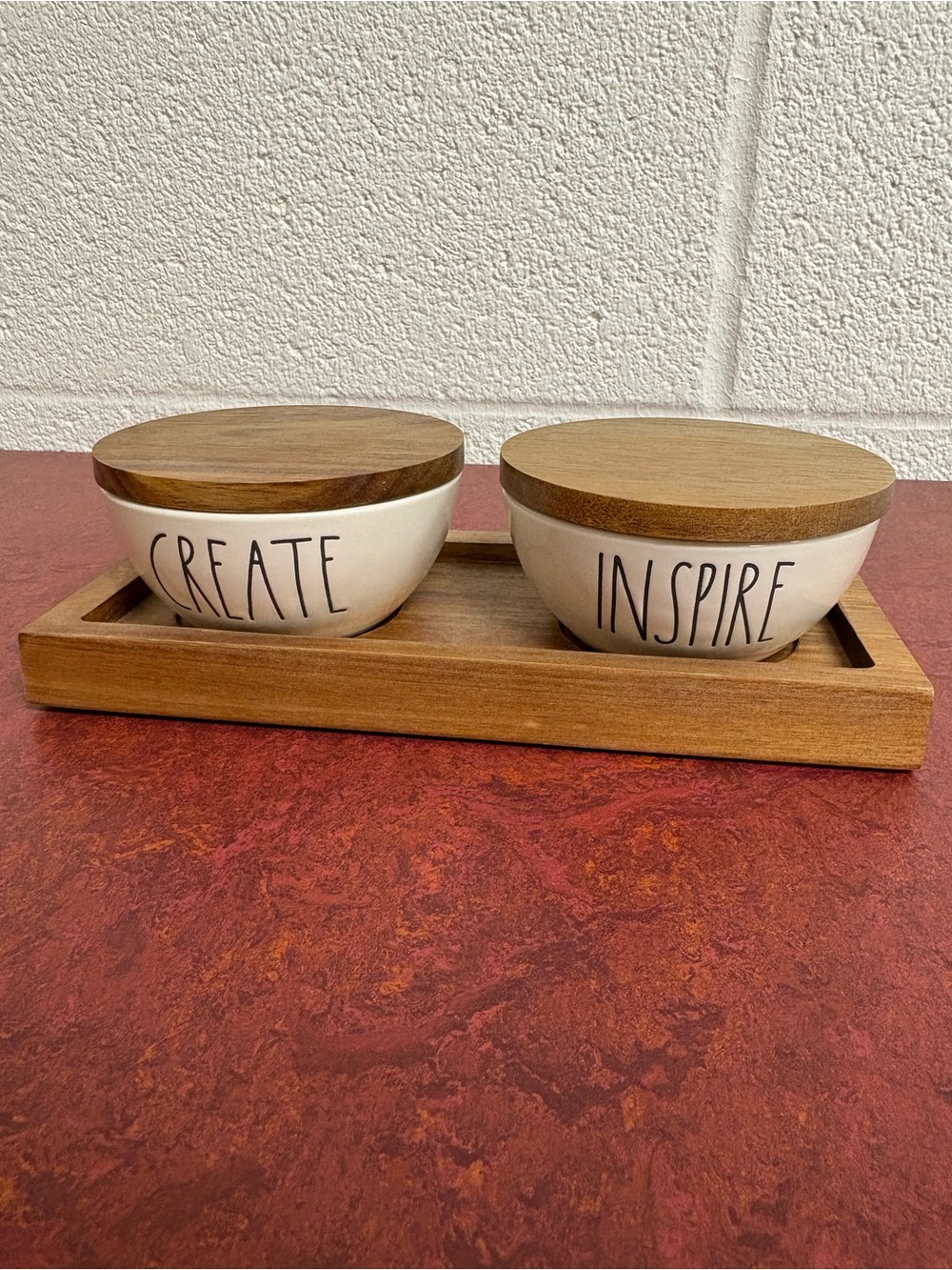 Rae Dunn White Ceramic 'Create' & 'Inspire' Bowls with Brown Wood Lids and Tray
